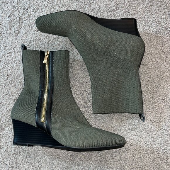VIVAIA MICAELA WATER REPELLENT ZIPPER SQUARE TOE WEDGE BOOTS - OLIVE GREEN - EUC - Picture 1 of 11